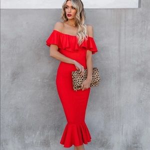 VICI - HAVANA RUFFLE MIDI DRESS - RED